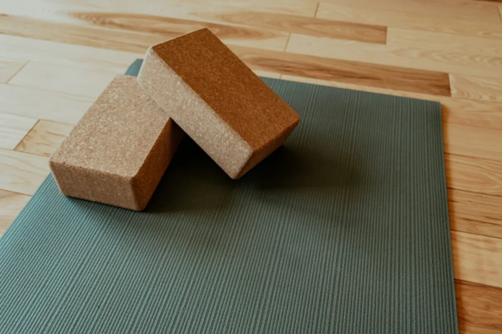 Deux briques et une sangle disposées sur un tapis de yoga